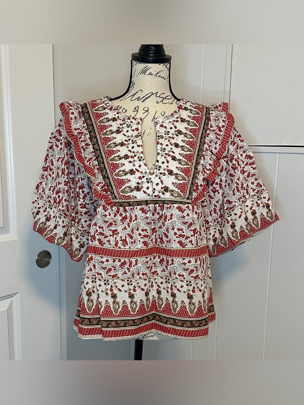 Calypso St. Barth Quilted Bodice Ruffle Flutter Sleeve Boho Blouse Size M